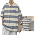 thumbnail image 3 of Camisa a rayas de manga corta para hombre, blusa superior holgada informal con cuello vuelto y botones para citas, 3 of 8