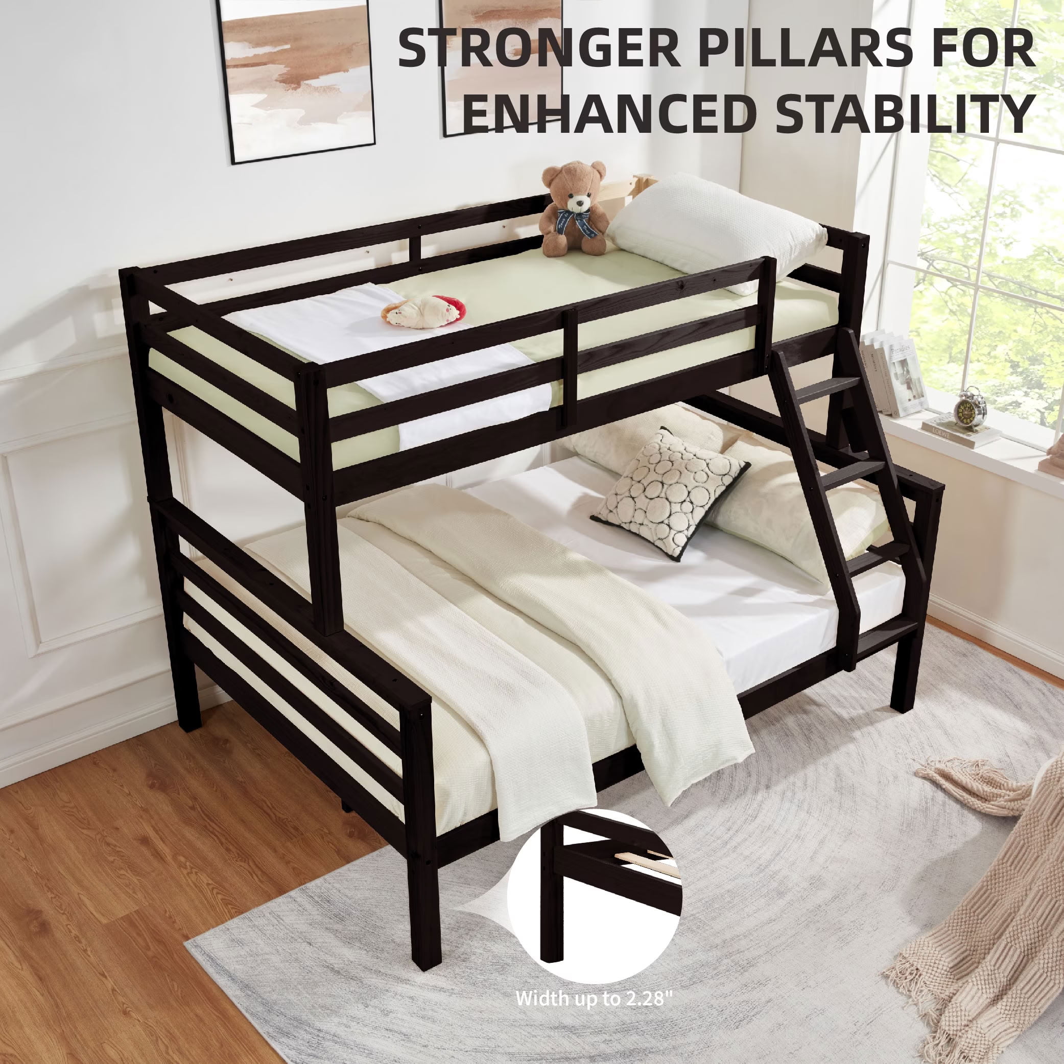 MAYEERTY Twin over Full Bunk Bed with Thick Posts, Solid Wood Bed Frame with High Guardrail and Ladder, for Kids Teens Dorm Rooms Guest Rooms, No Box Spring Needed