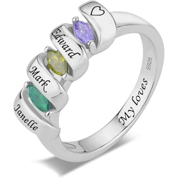 S925 Sterling Silver Personalized Mom Ring with 1-6 Birthstones & Names Customized Family Ring for Women Mother Grandma Wife