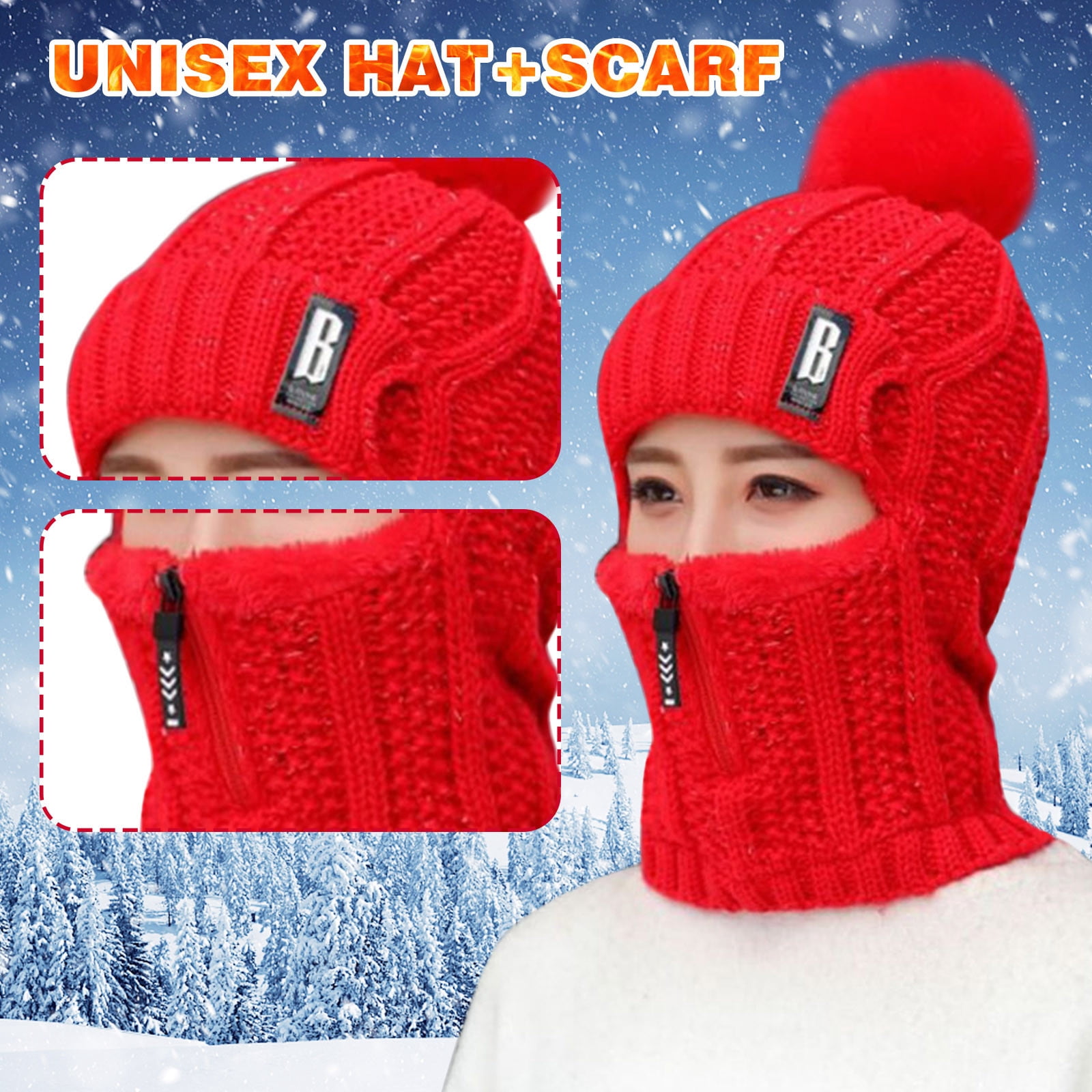 Tanhomme Fleece Ski Covers Winter Face-Cover Windproof Hooded Scarf Cold Weather Hat Neck Warmer Womens Earmuffs Adding Flocking Thermal Cycling Warm Winter Hat Knitting Scarf Hat
