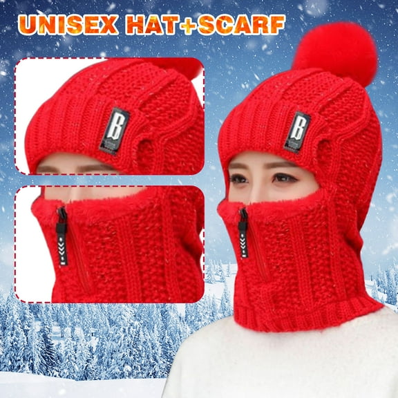 Dyfzdhu Women Earmuffs Add Flocking Thermal Cycling Warm Winter Hat Knitting Scarf Red