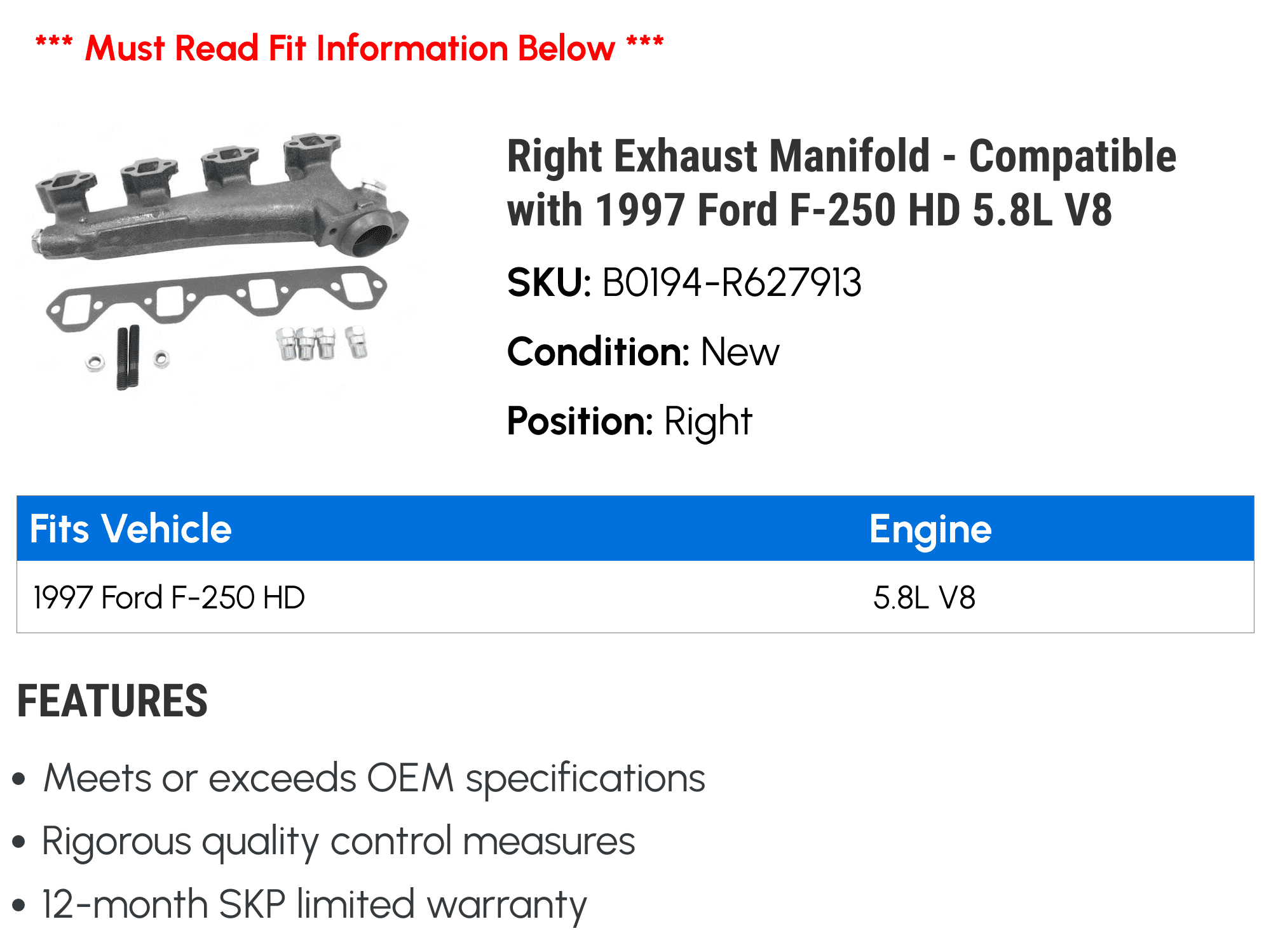 Right Exhaust Manifold - Compatible with 1997 Ford F-250 HD 5.8L V8