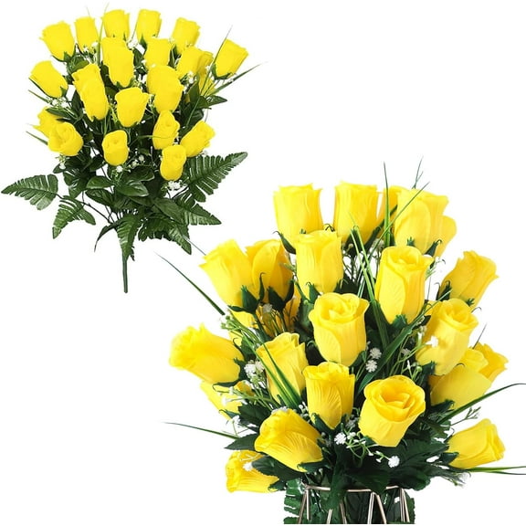 Artificial Cemetery Flowers Yellow Rose Bouquet Grave Memorial Flowers for Graveyard Headstones Decoration