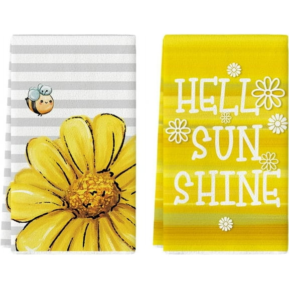 bamooi Stripes Daisy Bees Spring Kitchen Towels Dish Towels, 18x26 Inch Hello Sunshine Seasonal Summer Decoration Hand Towels Set of 2