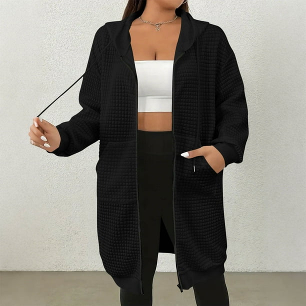 HongQid Women's Zip Up Hoodies Long Sleeve Long Tunic Sweatshirts Oversized Casual Waffle Fall Jacket Coat with Pocket