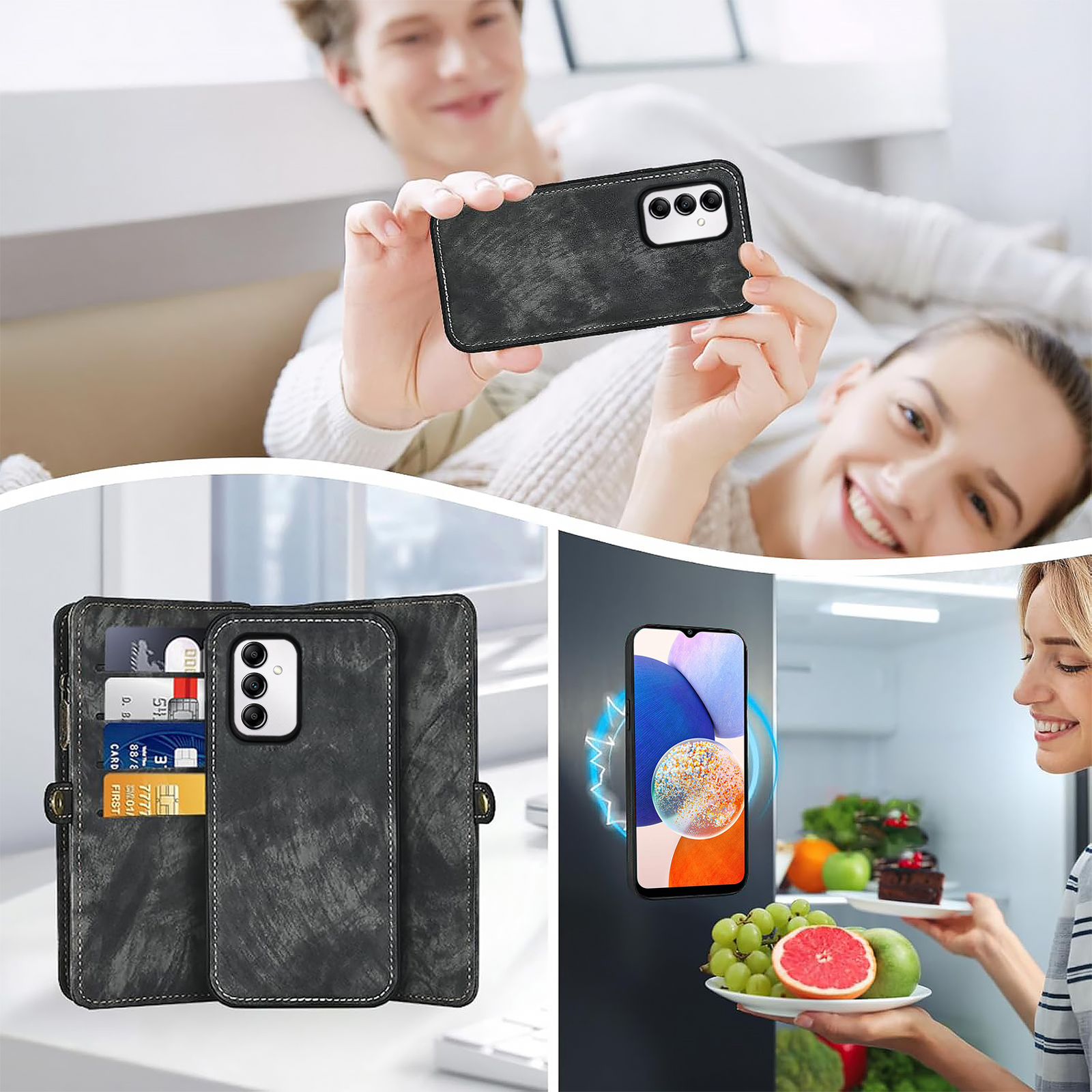 Asuwish Compatible with Samsung Galaxy A14/M14 5G Phone Case Zipper Wallet Detachable Tempered Glass Screen Protector Crossbody Strap Flip Card Holder Cell Cover for A 14 4G 14A 14M G5 Women Black