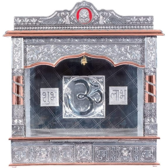Home Pooja Mandir - Wooden Temple Plated with Copper Oxidized Aluminuim Sheets, Puja Mandap Home Mandhir 10 X 24 X 27 Inches