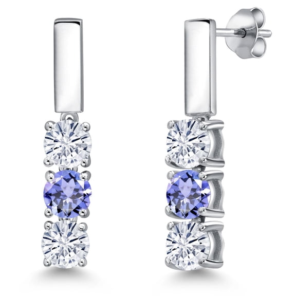 Gem Stone King 925 Sterling Silver White Moissanite and Blue Tanzanite Drop Dangle Earrings for Women | 1.46 Cttw | Gemstone Birthstone | Round 5MM