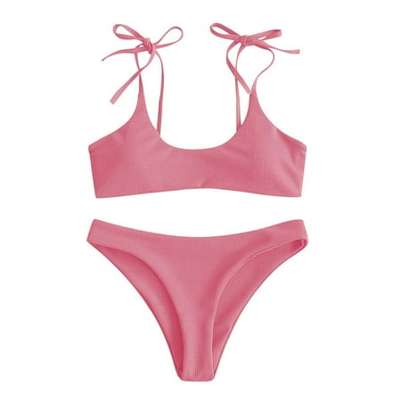 New & Trending  Women Sexy Tie Shoulder Bikini Set  Ribbed High Waist  Swimsuit Two Piece  Fashionable Bathing Suit  Beach Party  Swimwear  For Women  Women Bathing Suit | Pink S  Sopatenor