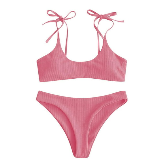 Lilgiuy Women Charming Tie Shoulder Bikini Set Ribbed High Wastied Swimsuits Two Piece Bathing Suit for Travel Sports Swim Spa Clearance