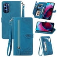 thumbnail image 1 of TECH CIRCLE Moto G Play 2021 Wallet Case,Embossed Flower PU Leather Folio Flip Protective Zipper Cover with Wrist Strap RFID Blocking Card Holder Kickstand Case for Moto G Play 2021 6.5",Blue, 1 of 8