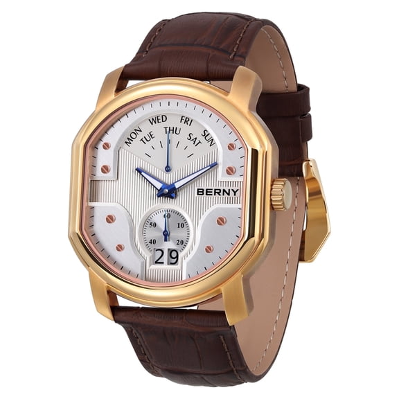BERNY Men's Leather Watch, Vintage Stainless Steel Swiss Quartz Watch with Day & Date Calendar, Small Seconds, Luminous, Waterproof, Sapphire Crystal, Fashion Analog Wrist Watches for Men (White #2)