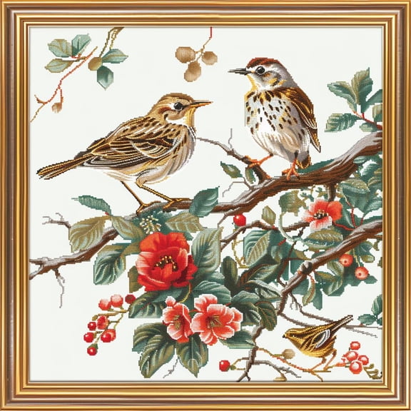 Sparrow Birds on Tree DIY 11CT Stamped Cross Stitch Kits for Beginners Easy Needlepoint Embroidery Counted Cross Stitch Art Craft for Wall Decoration 14x14inch(1)