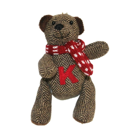 6.25" Brown Herringbone Plush Teddy Bear "K" Embroidered Christmas Figure Ornament