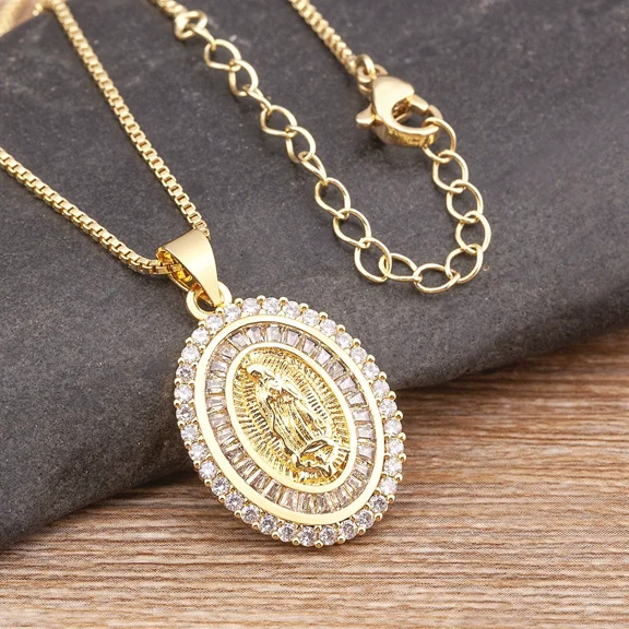 Christmas hot selling religious jewelry micro inlaid zircon Virgin Mary 14K Yellow Gold pendant necklace for male and female believers