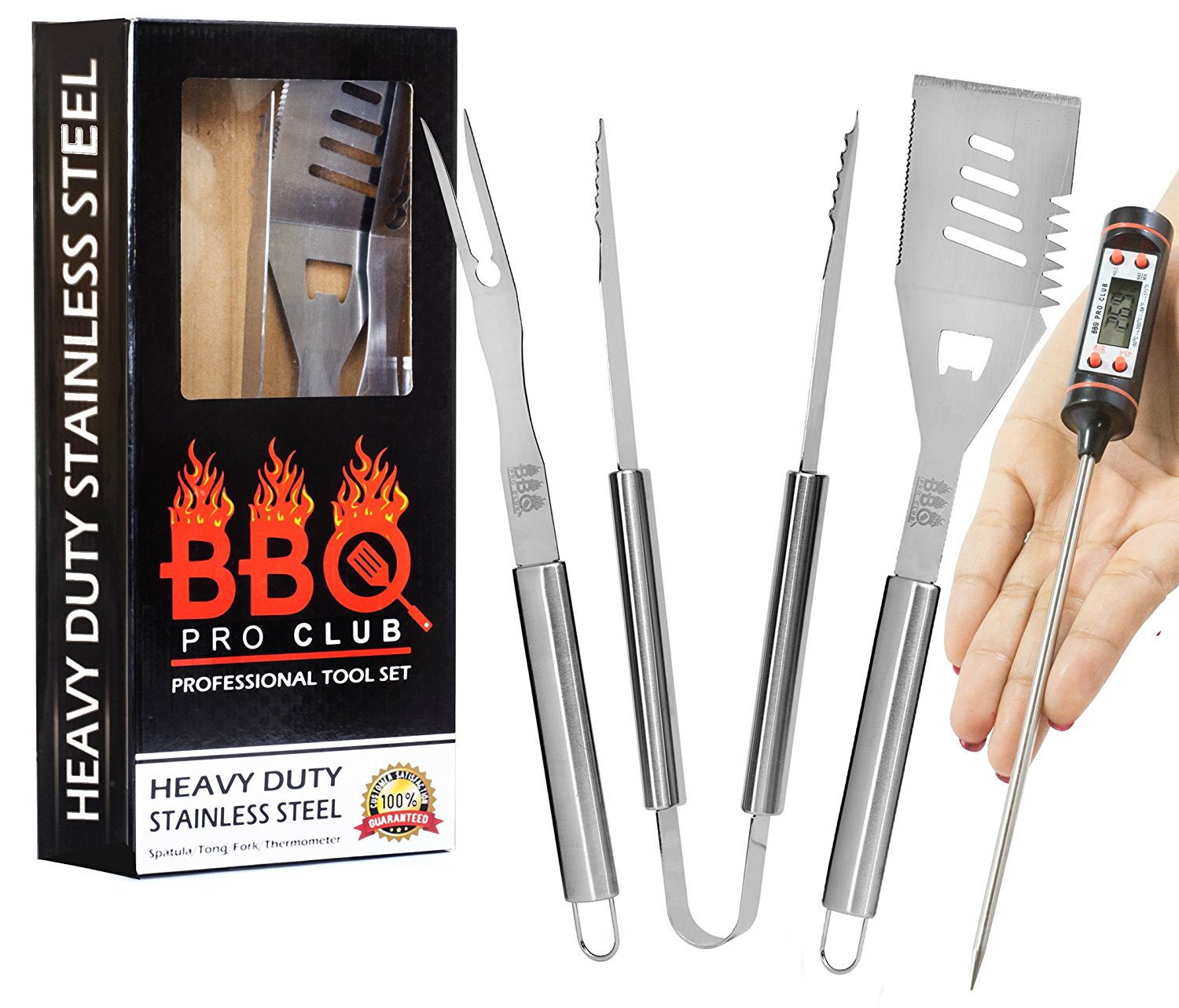 Grill Accessories, 4 piece BBQ Tool Grill Set - Grill Tools Includes Stainless Steel Metal Spatula, Fork, Tongs and Instant Read Meat BBQ Thermometer, Great For Gifts - By BBQ Pro Club - image 1 of 7