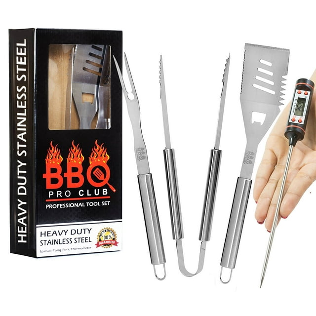 Grill Accessories, 4 piece BBQ Tool Grill Set - Grill Tools Includes Stainless Steel Metal Spatula, Fork, Tongs and Instant Read Meat BBQ Thermometer, Great For Gifts - By BBQ Pro Club