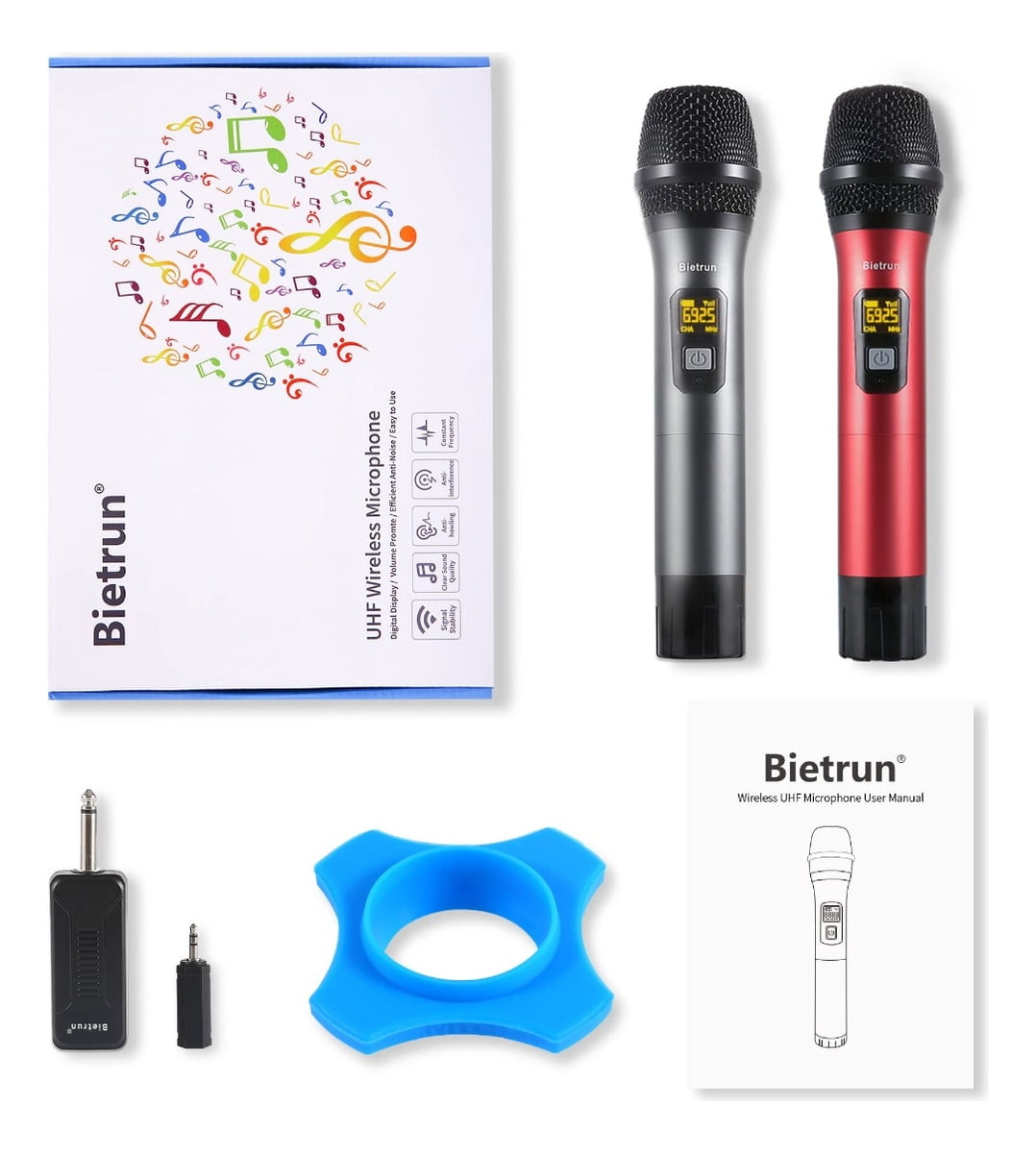Wireless Microphone, Bietrun UHF Metal Dual Handheld Cordless Dynamic Mic System with Rechargeable Receiver, 1/4‘’Output, for Karaoke, Church, Speech, Wedding, Party Singing(160 ft Range)