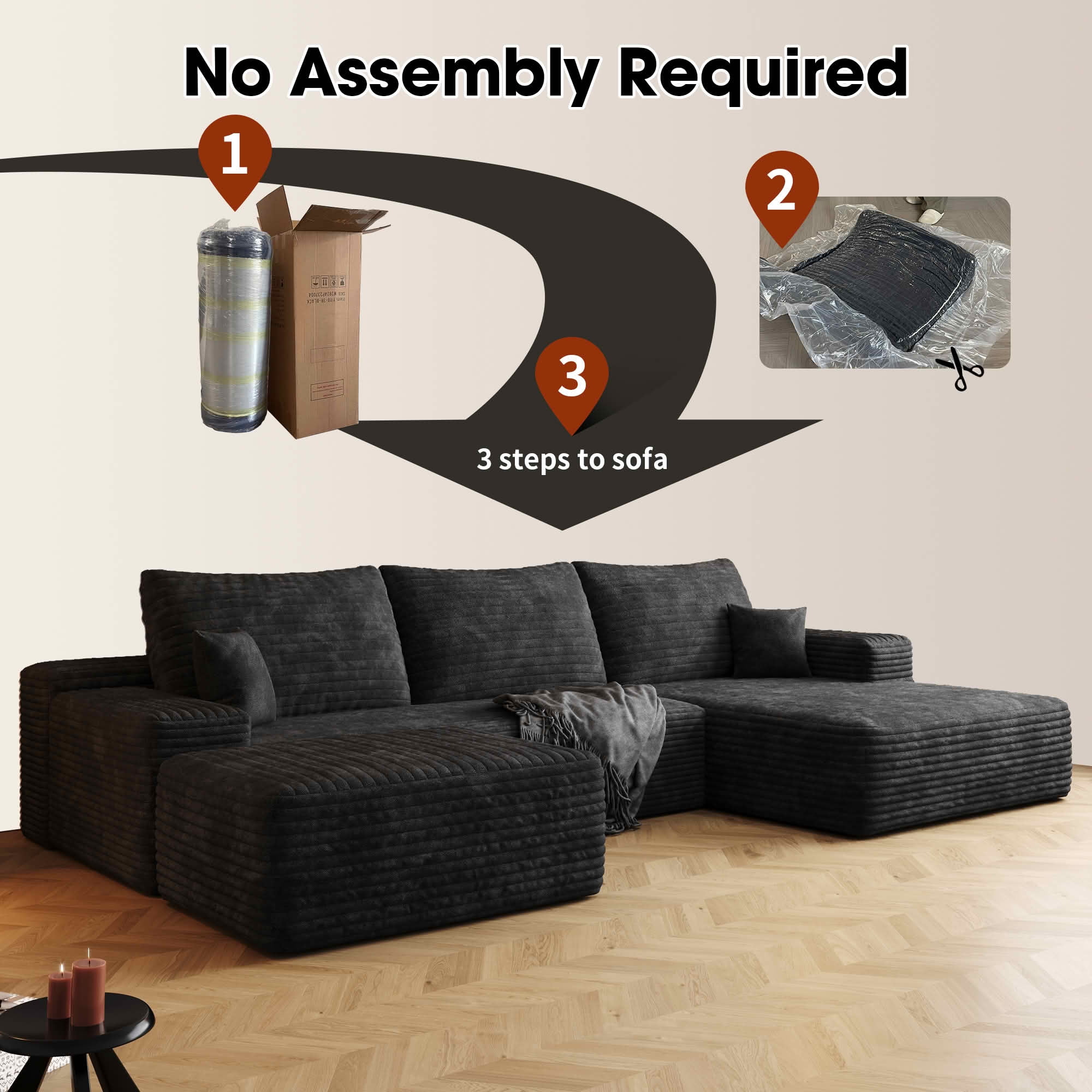 MAYEERTY 107 Inch U‑Shaped Cloud Modular Sectional Sofa with 1 Ottoman, Modern Deep‑Seat Corner Couch, Plush Corduroy Reversible Sofa, No‑Assembly for Living Room Bedroom Apartment
