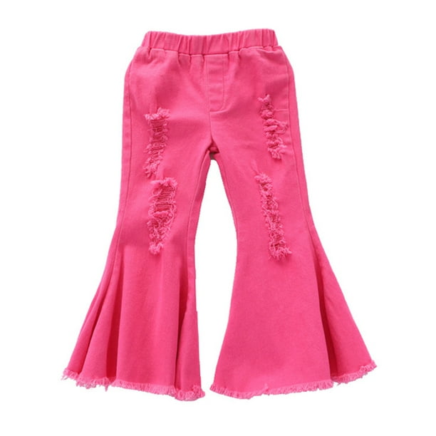 Glonme Girls Solid Color Plain Long Pants Frayed Travel Jeans Flared ...