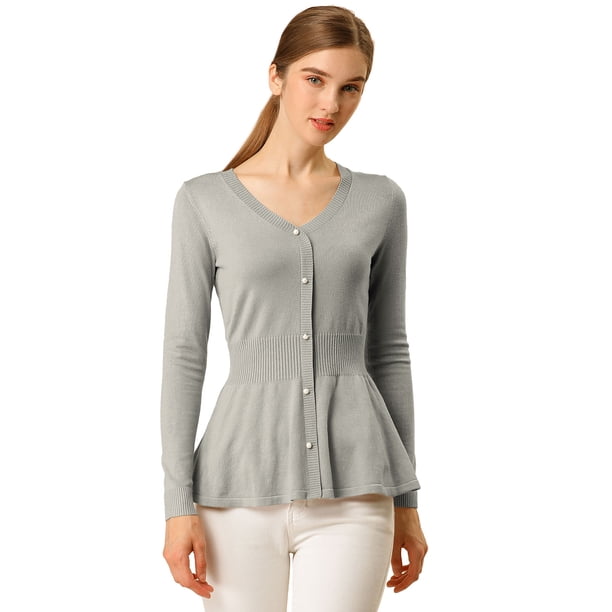 Top de Peplum de Punto Jersey Acanalado de Manga Larga con Cuello En V para Mujer Allegra K Gris L