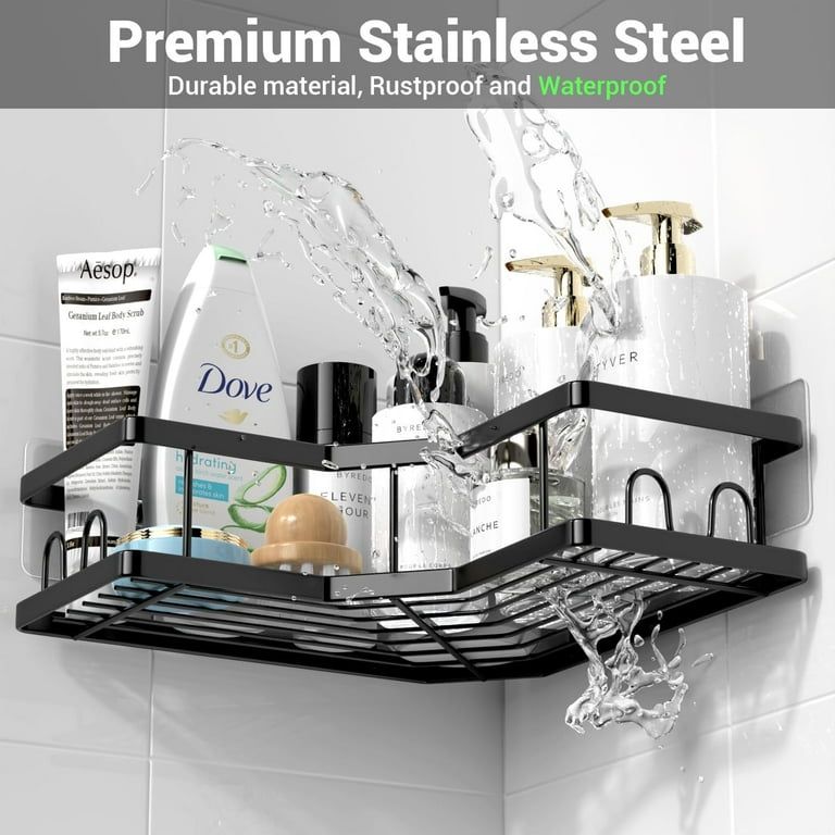 2-Pack Corner Shower Caddy Organizer – No Drill Adhesive Stainless Steel Shelves With Hooks For Bathroom & Kitchen
