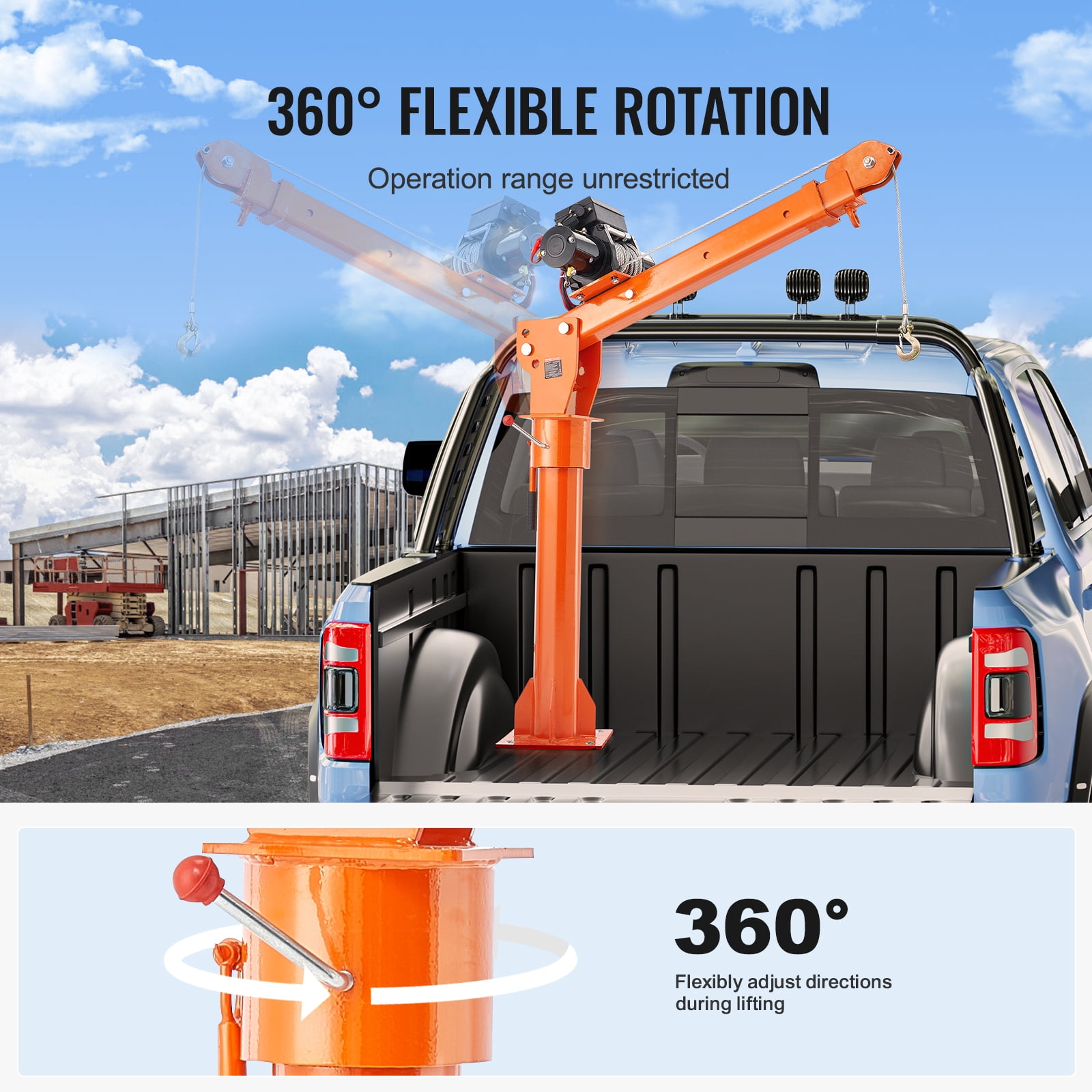 VEVOR Electric Pickup Truck Crane, 2200 lbs, Folding Truck-Mounted Bed Crane with Electric Winch 6000 lbs, Steel Pickup Truck Jib Crane Hoist 360° Swivel for Lifting Goods in Construction, Factory