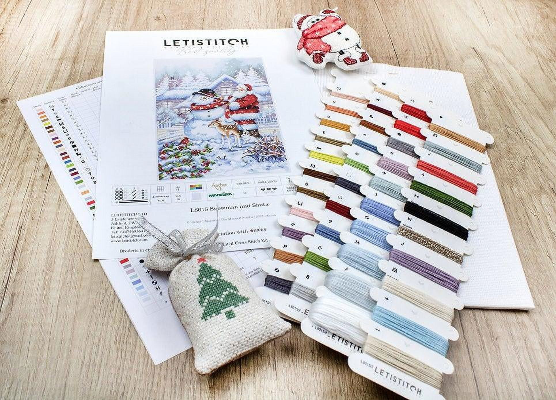 Counted Cross Stitch Kit Snowman and Santa L8015 Needlework Easy Small Red White By LetiStitch Canvas Cotton