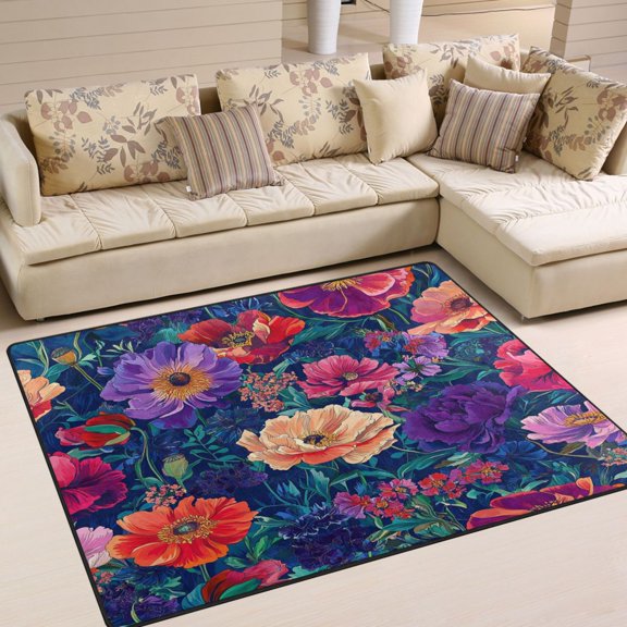 Yayeee Area Rugs for Living Room 5.2'x4' Non Slip Washable Bedroom Floor Carpet, Blooming Flowers Pattern