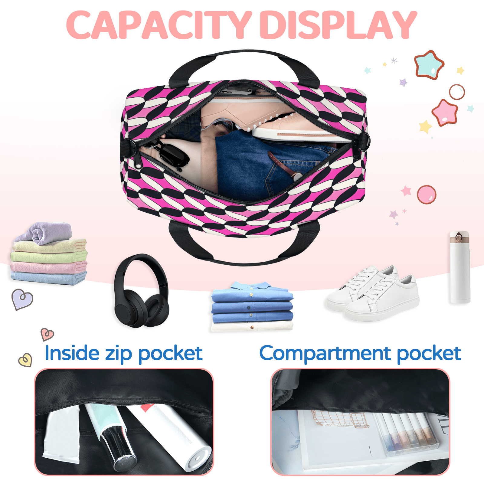 Herdesigns Pink and Black Travel Duffle Bag Sports Yoga Weekender Overnight Carry on Workout Bags Lightweight Waterproof Gym Tote Bag for Women Geometric
