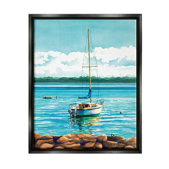 Stupell Industries Sailboat Rocky Shoreline Nature Painting Black Floater Framed Art Print Wall Art, 17 x 21