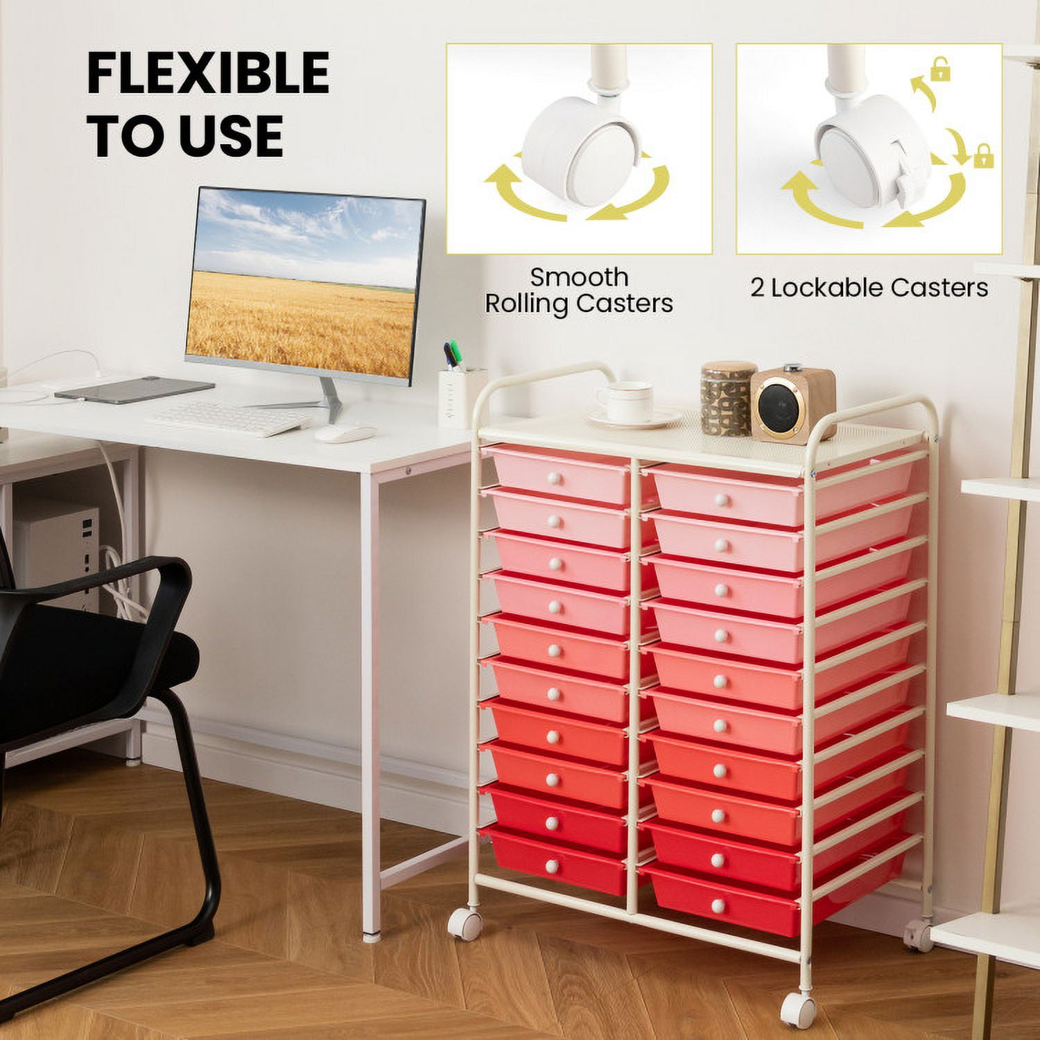 Demi Bonn 20 Drawers Storage Rolling Cart Studio Organizer with 4 Universal Casters, Gradient Pink