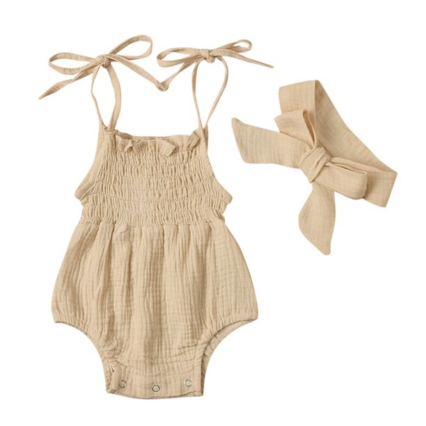 Gibobby Mono Ajustado de Verano Mono + Diadema Conjunto para niños pequeños Correas para bebés Sin espalda Sin mangas Romper para niñas Trajes y conjuntos para niñas(Beige, 18-24 Meses)