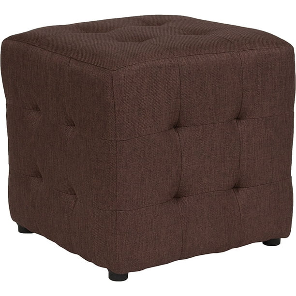 Grid Tufted Upholstered Cube Ottoman Pouf in Brown Fabric