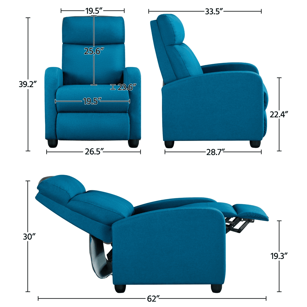 Renwick Fabric Push Back Theater Recliner Chair with Footrest, Blue