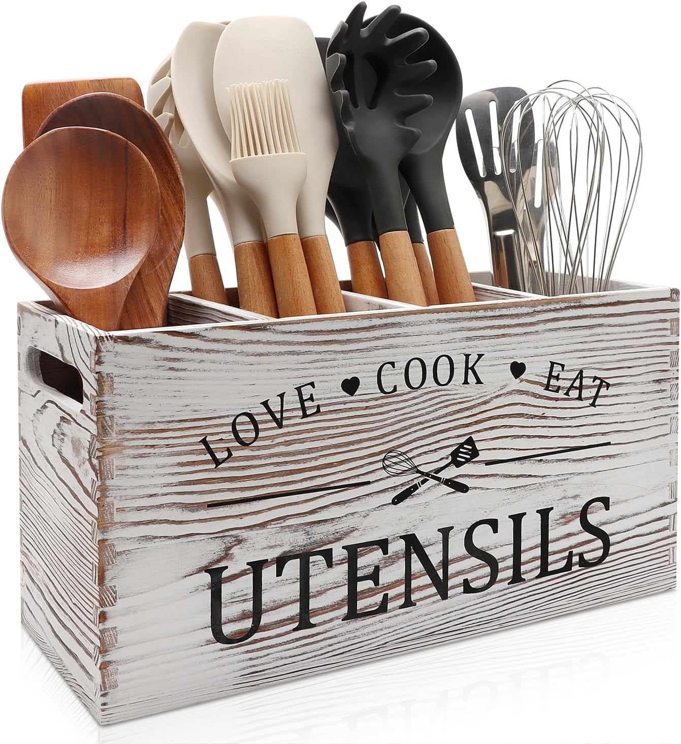 Large 4-Compartment Utensil Holder For Kitchen Counter – Diatomaceous Earth Base, Matte Black – Organizes Spoons, Spatulas, Ladles