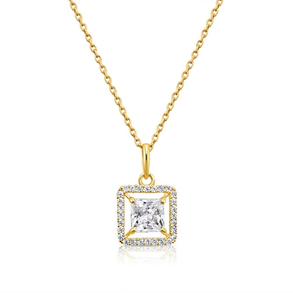 Tilo Jewelry 14K Yellow Gold Princess-Cut Square Halo Pendant Necklace with Cubic Zirconia CZ Stones for Women & Unisex | 18 Inch Cable Chain