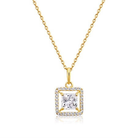 Tilo Jewelry 14K Yellow Gold Princess-Cut Square Halo Pendant Necklace with Cubic Zirconia CZ Stones for Women & Unisex | 18 Inch Cable Chain