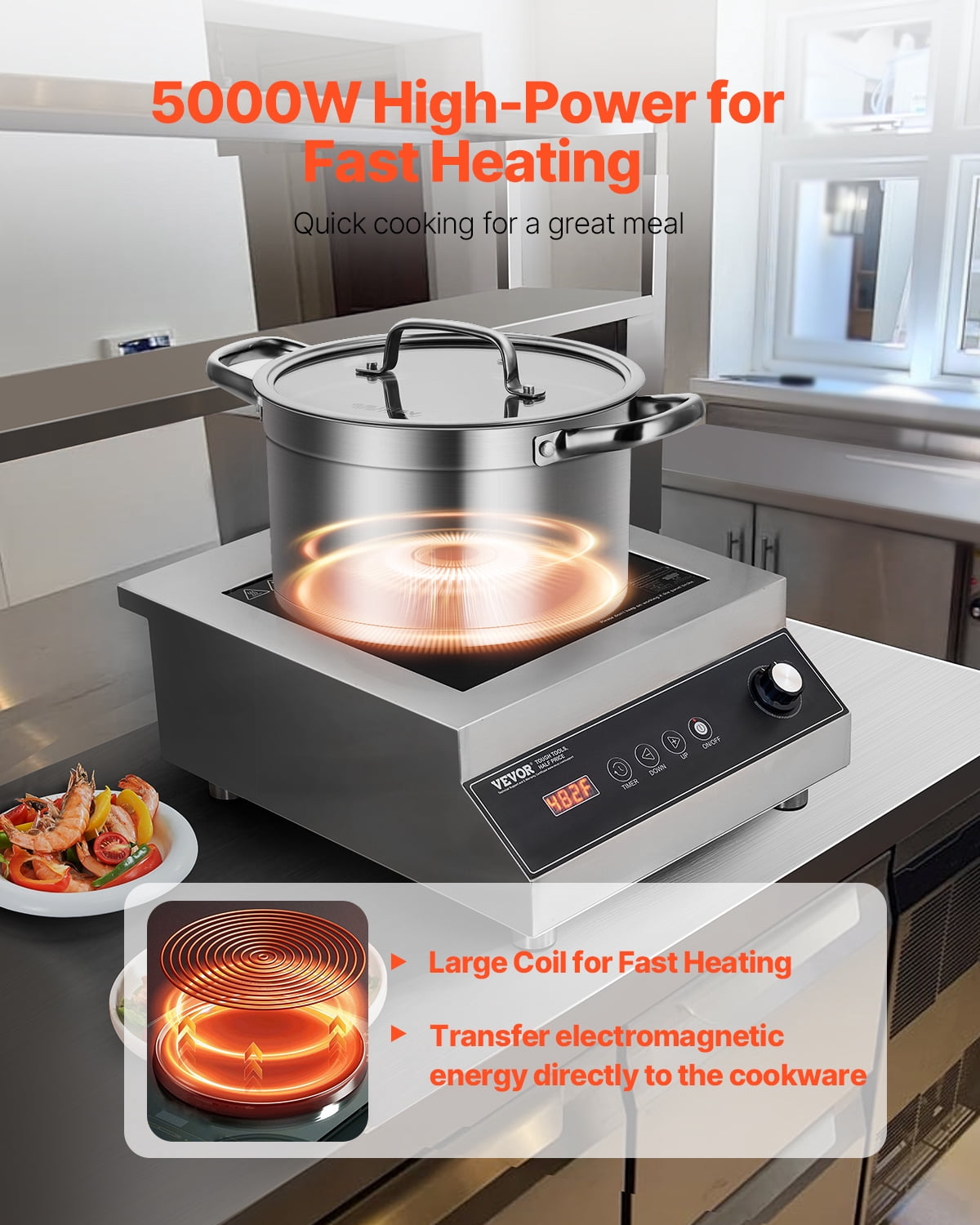 VEVOR Portable Induction Cooktop, 5000W Commercial Induction Burner with 16 Temperature Settings, Stainless Steel Countertop Induction Hot Plate with 4H Timer, Child Lock, for Restaurant Cooking