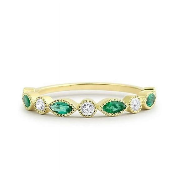 Elegant Half Eternity Bezel Set Wedding Band Ring – Marquise & Round Cut Lab-Created Emerald & Moissanite, 925 Sterling Silver, Women’s Ring, Anniversary Jewelry
