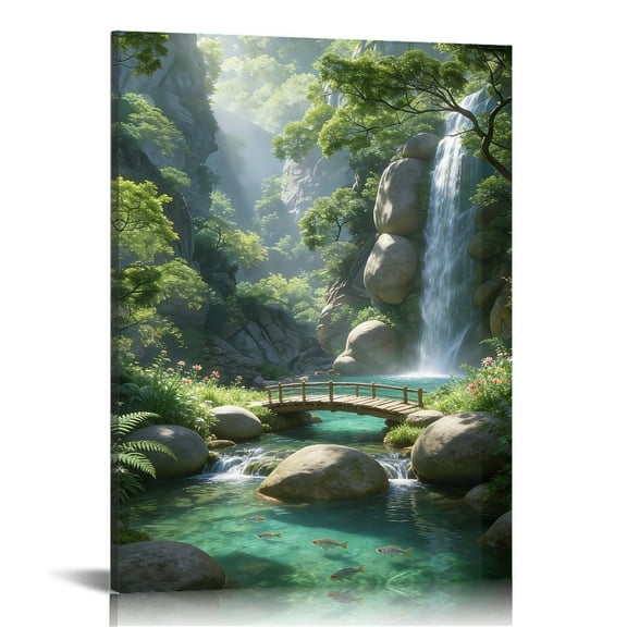 Hidden Frame Canvas Wall Art - Forest Waterfall & Bridge Decor Healing Landscape Popular Wall Decor for Entryway 16x24in