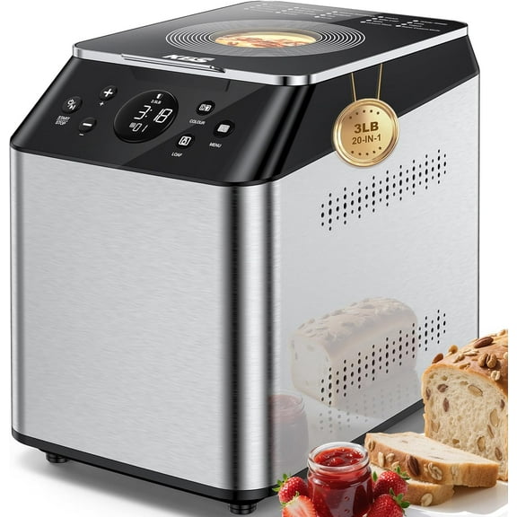 3LB Programmable Bread Maker,20-in-1 Automatic Bread Machine with Ceramic Pan & Fruit Dispenser, 850W Dual Heaters Bread Maker Machine with Quiet Brushless Motor,Stainless Steel,15H Timer,3 Colors