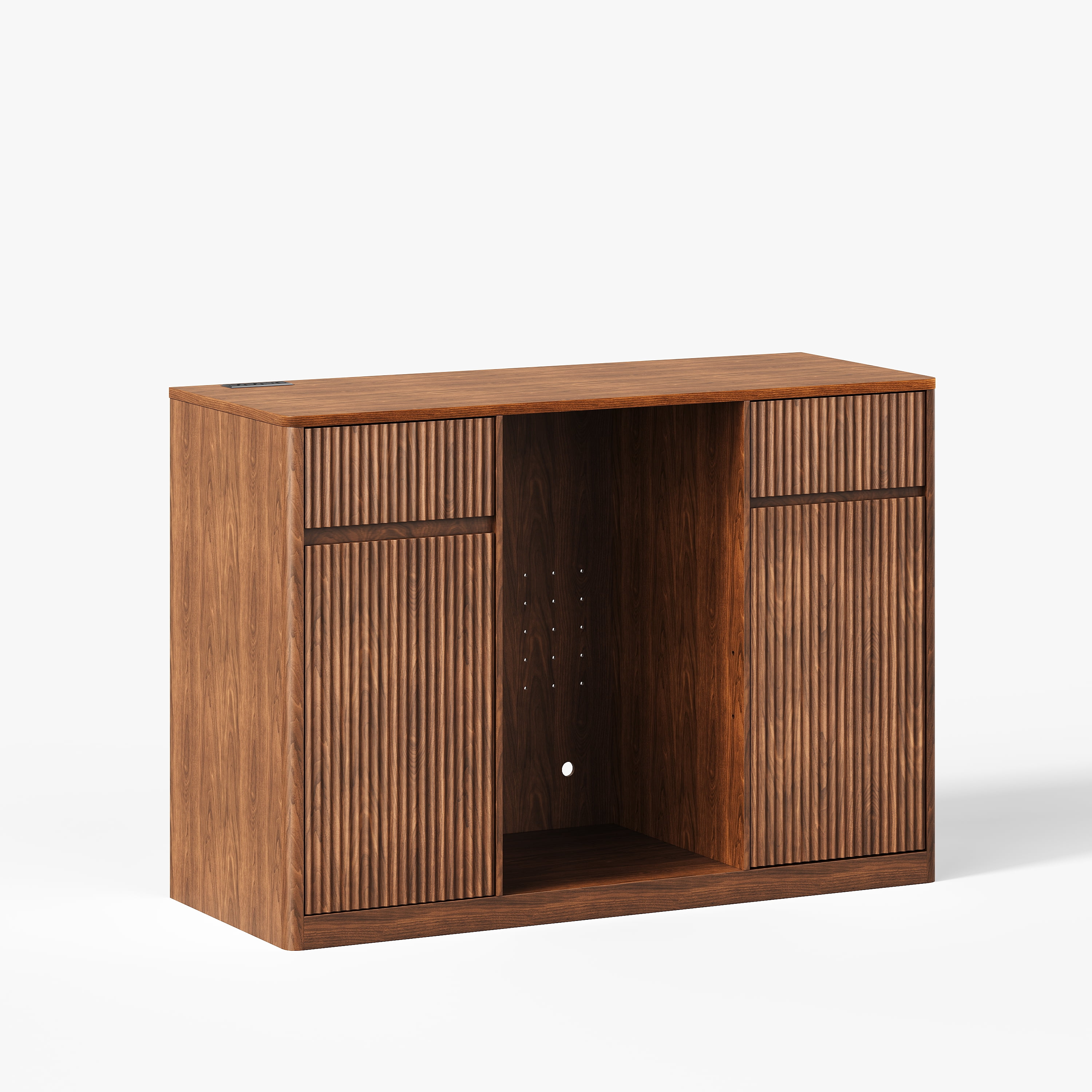 53.2"Fluted Buffet Wine Cabinet with Mini Fridge Nook (Fridge Not Included), Charging Station & Adjustable Shelves, Sideboard Storage Cabinet for Kitchen Living Room, Walnut