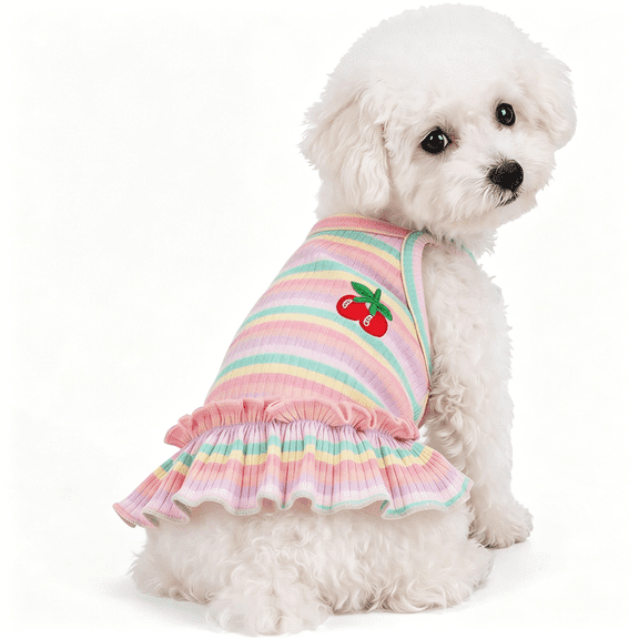 TELOLY Cute Striped Dog T Shirts Cherry Puppy Dress Soft Cotton Pet Sleeveless Vest Clothes Spring Summer Pet Outfits for Small Dogs Cats Girl (Pink, Medium)