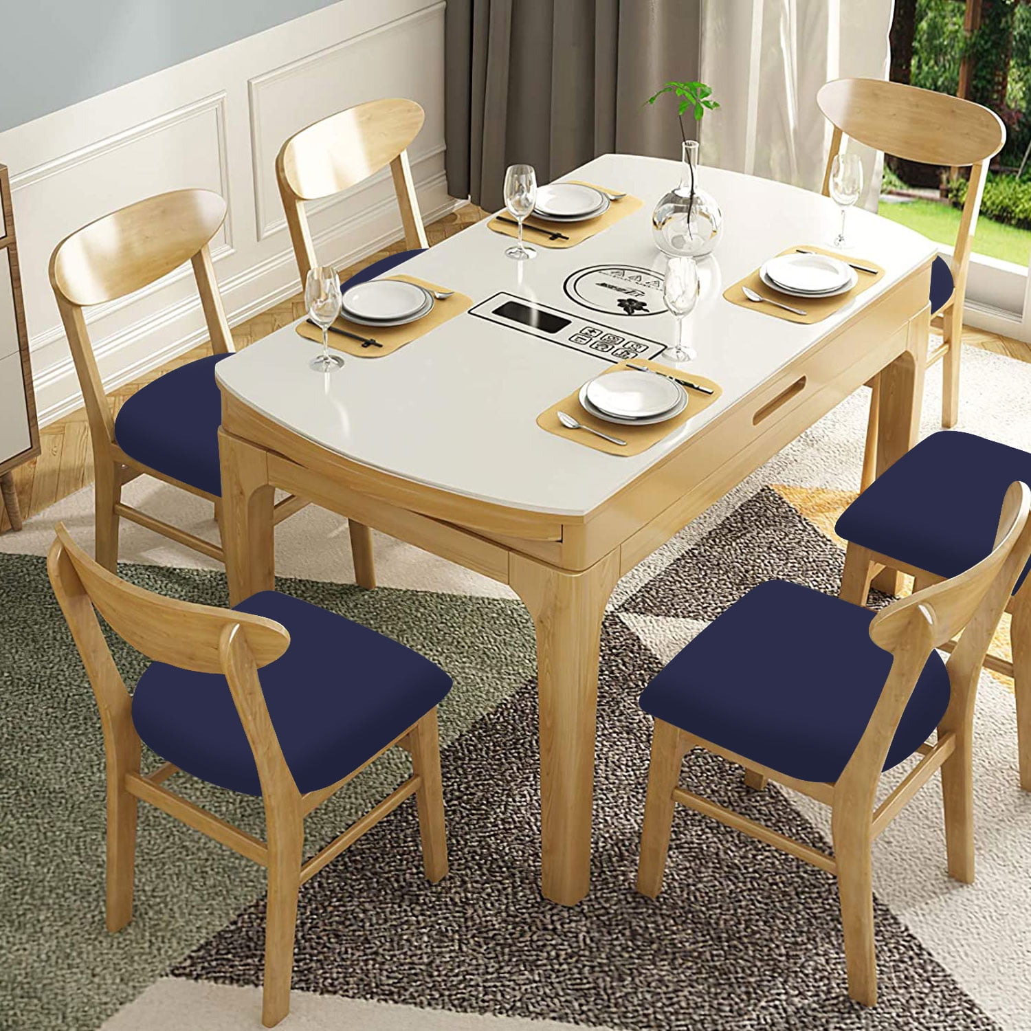 4 Pack Navy Stretch Chair Seat Covers for Dining Room, Anti-Dust Kitchen Chair Protector Slipcovers, Dinning Upholstered Office Chair Seat Cushion Slipcovers Protectors
