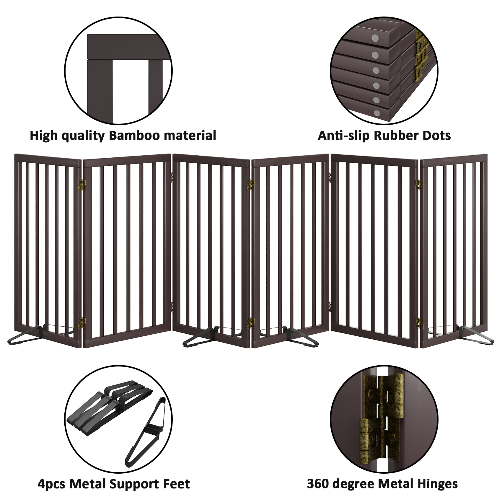Smart FENDEE 6 Panel Foldable Bamboo Freestanding Pet Gate with Dog Gate, Expands to 110 in Wide