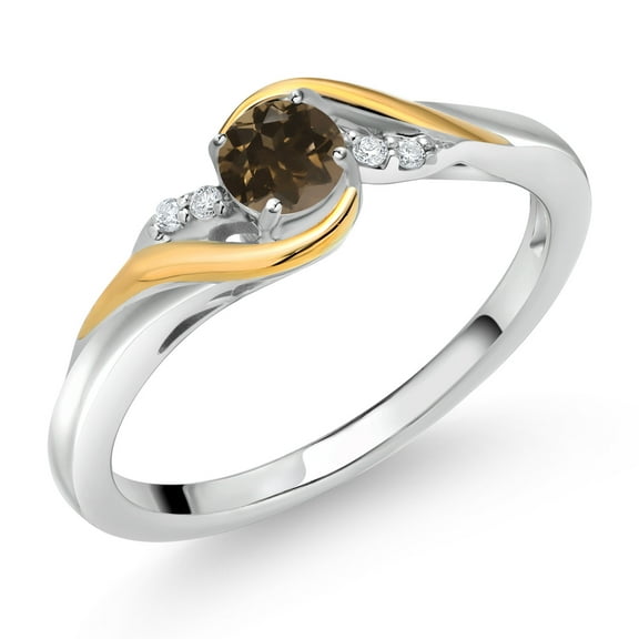 Gem Stone King 925 Sterling Silver and 10K Yellow Gold Round Brown Smoky Quartz and White Lab Grown Diamond Engagement Ring for Women (0.29 Cttw, Gemstone Birthstone, Size 5)
