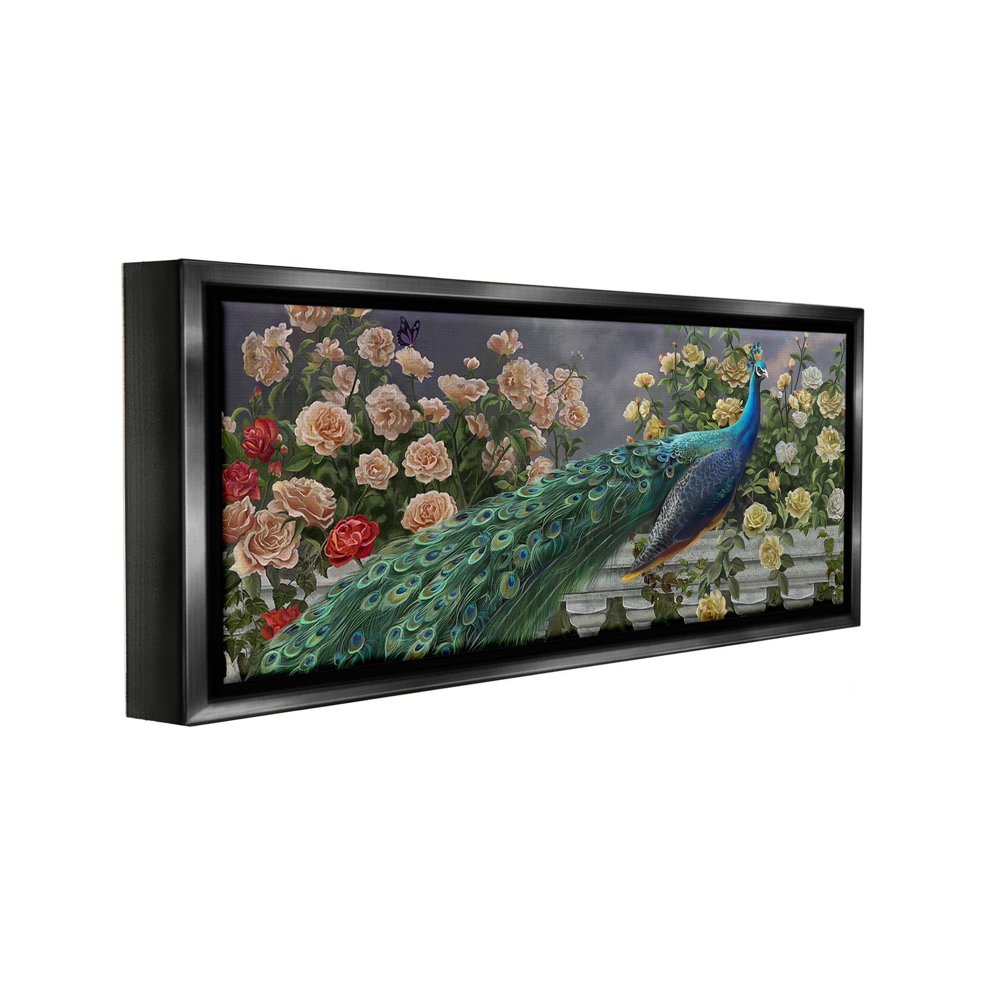 Stupell Industries Peacock & Cottage Blossoms Animals & Insects Painting Black Floater Framed Canvas Art Print Wall Art, 25 x 11