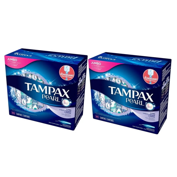 Tampax Pearl Tampons, Unscented, Lite Absorbency, 50 Count, 2 Pack, 100 Tampons Total