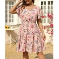 thumbnail image 4 of Usmixi Formal Dresses for Women Party Vintage Elastic Waist Ruffle Swing Plus Size A Line Dresses Square Neck Short Sleeve Floral Summer Mini Dress Pink XXL, 4 of 7